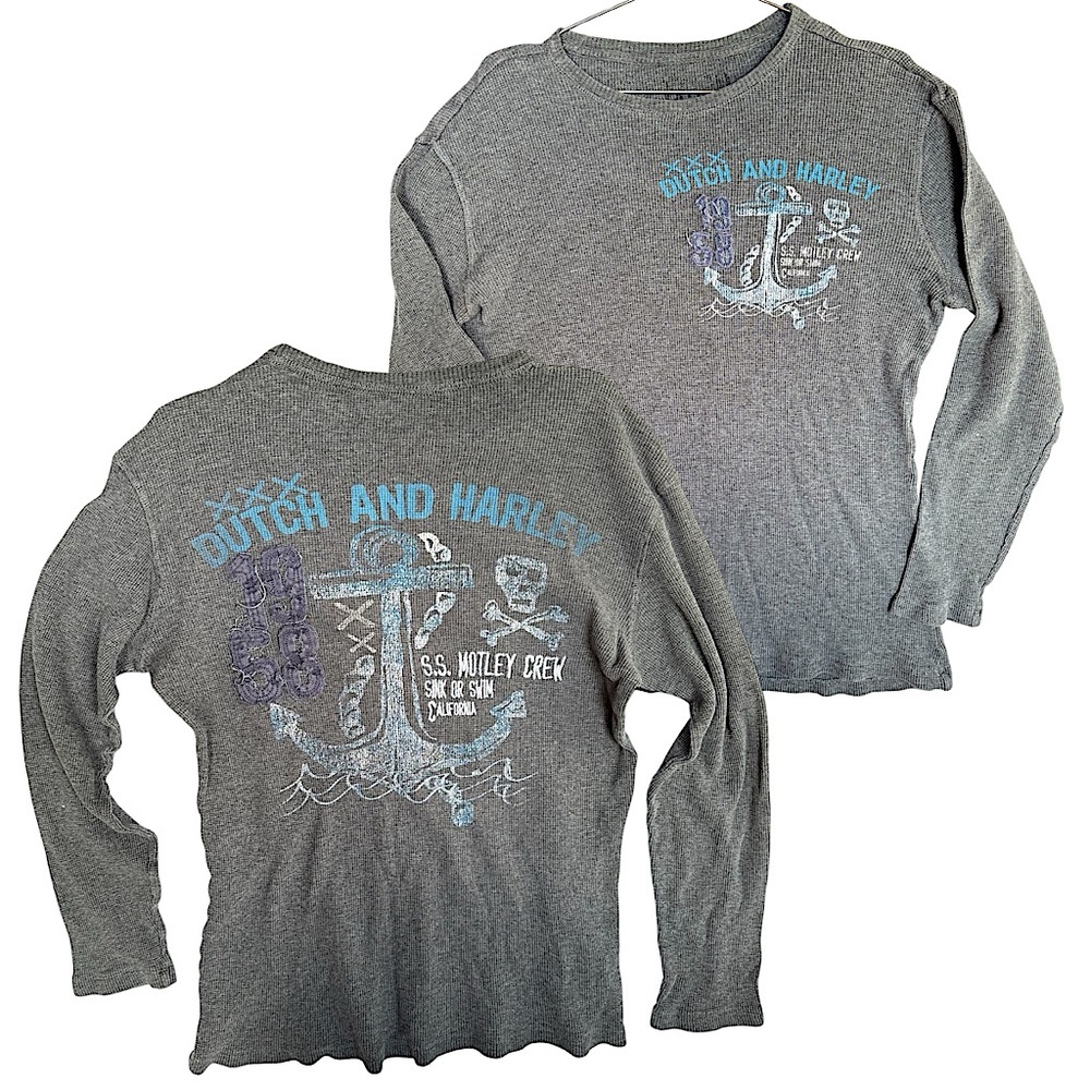 Vintage Dutch & Harley Gray Waffle Long Sleeve Shirt Skull & Crossbones Y2K